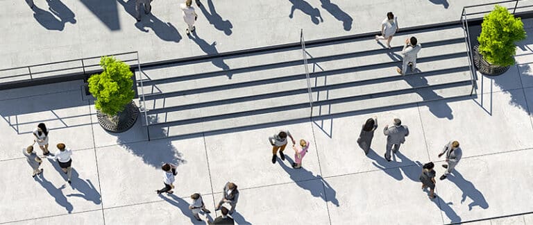 Rendering of people walking around outside