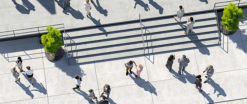 Rendering of people walking around outside